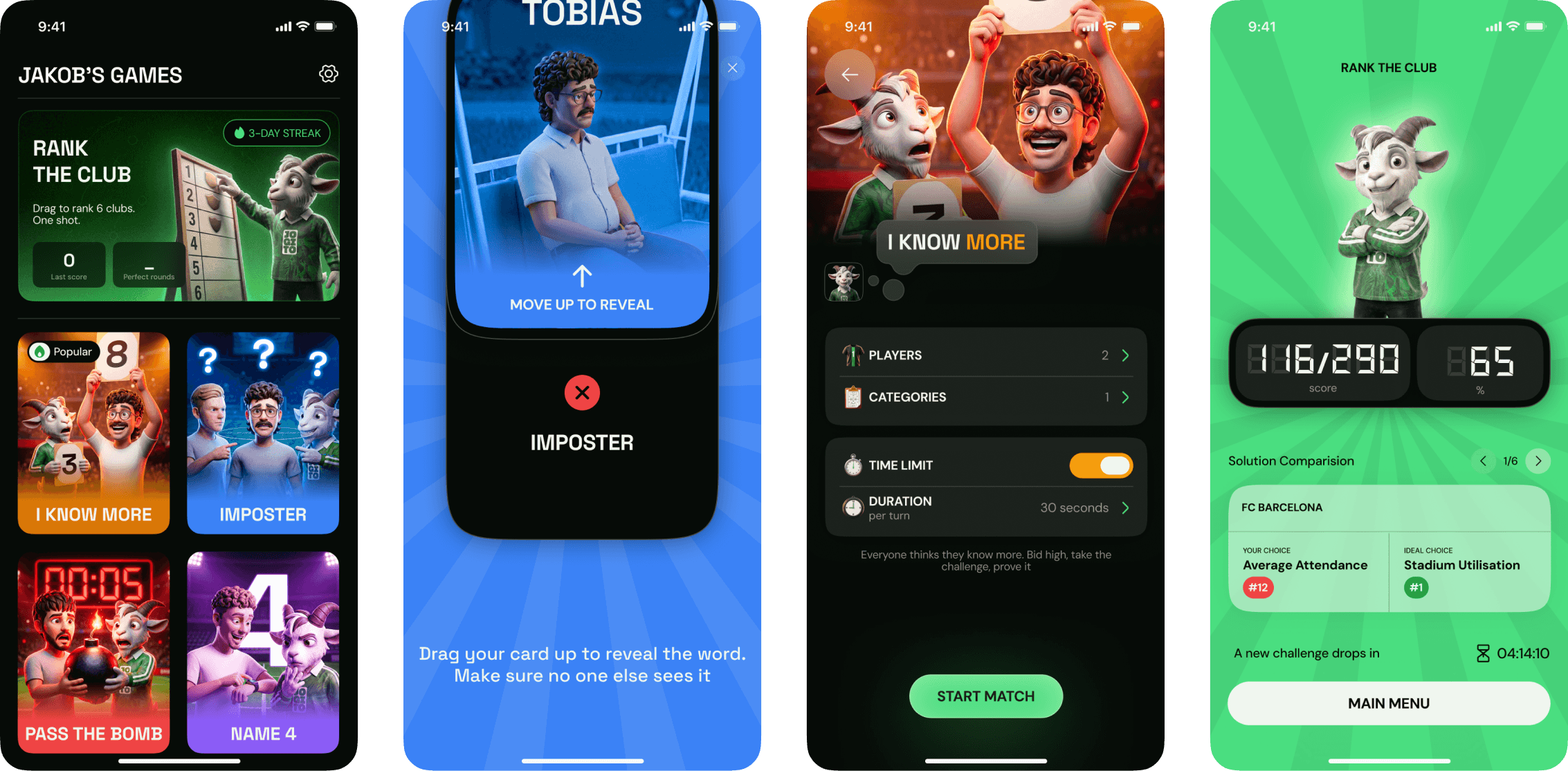 Jogito — football themed offline gaming activity app showing multiple screens