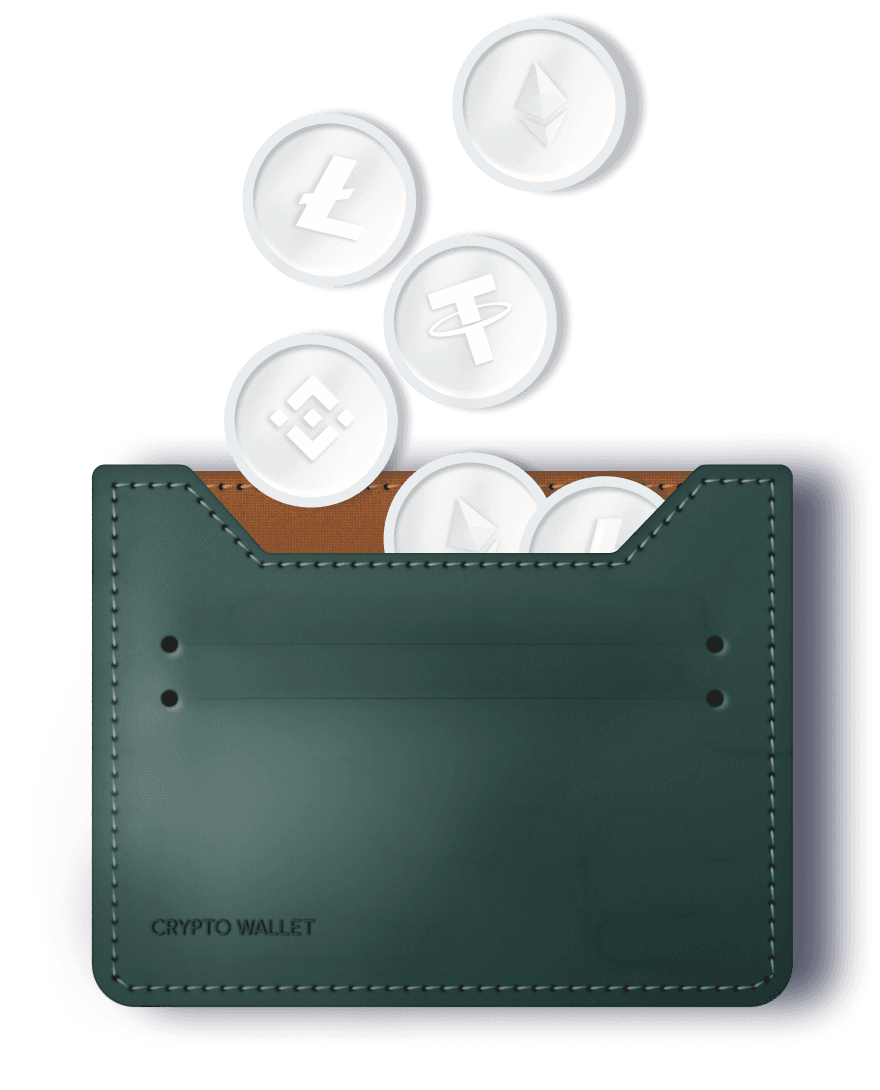 3D leather crypto wallet with floating Ethereum, Litecoin, Tether and Binance coins